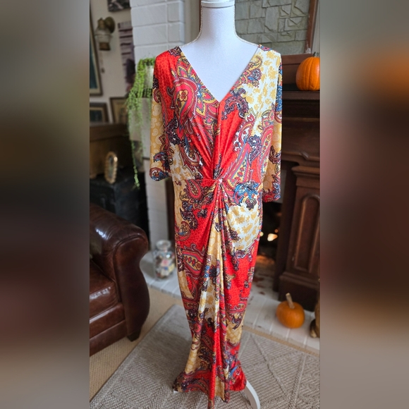 💐 VENUS Womens Multicolor Maxi Dress Size XL V-Neck  Front Slit Stretch - Picture 3 of 10